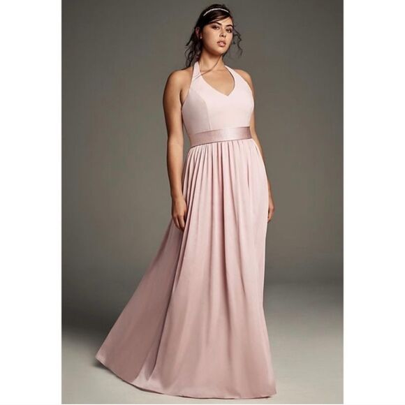 Vera Wang White Blush Halter Satin Fit & Flare High Pocket Slit Maxi Gown‎ 8 - Picture 1 of 7